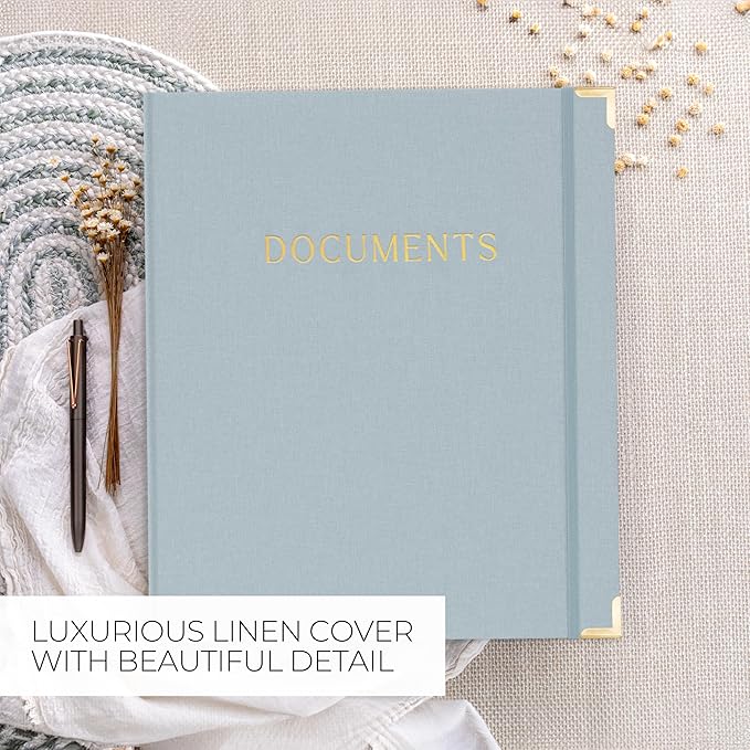 Aesthetic Document Organizer - Sturdy Linen 3-Ring Binder Safely Stores All Your Important Documents and Files in One Place - Easy to Use Expanding Storage Folder Incl. Envelopes, Pockets & Labels