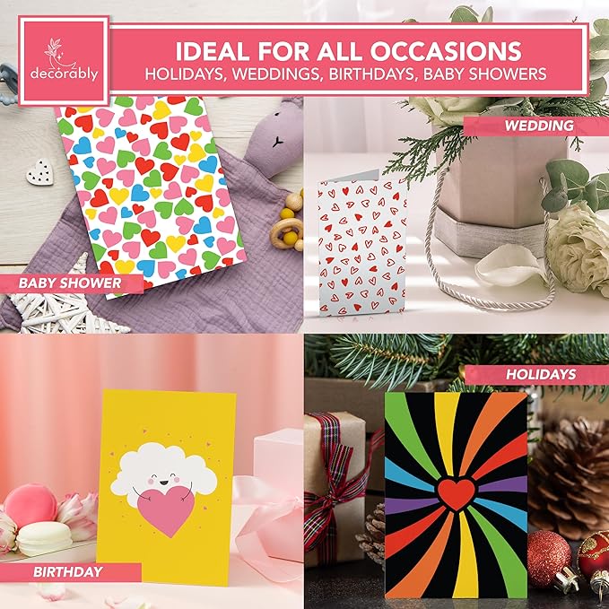 Decorably 24 Pack 4x6in Heart Note Cards with Envelopes and Stickers, 12 Charming Designs Heart Card, Blank Inside - Valentine's Day, Mother's Day, Birthday