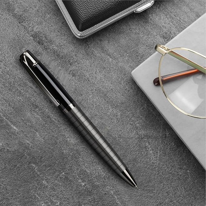 Cambond Metal Pens - Bulk Black Pens with 6 Refills (Silver with Black), 1.0 mm Medium Point for Journaling, Gifting, Business, Men, Police, Flight Attendants