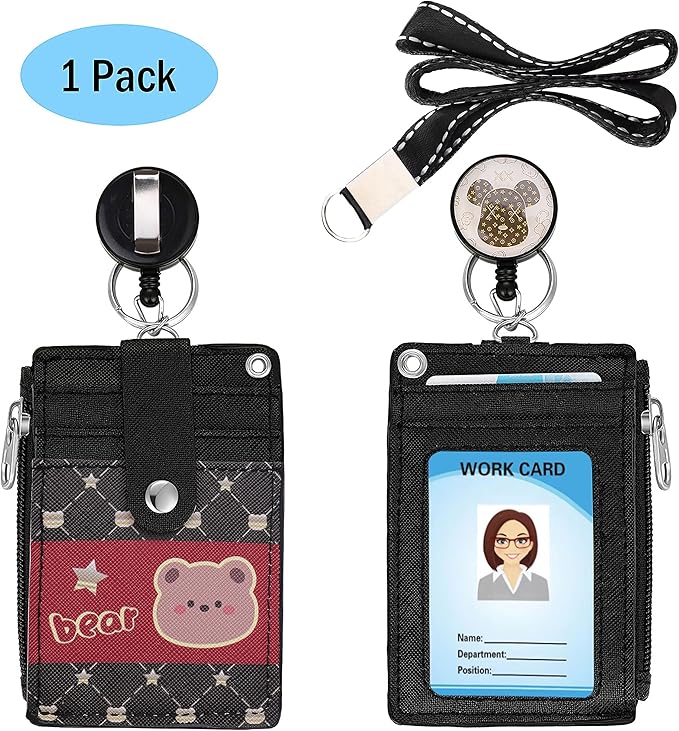 Cute ID Badge Holder Retractable Lanyard Reel Clip with Heavy Duty Carabiner, 5 Card Slots in 2 Sided with Key Ring and Zipper for Women Students Teens Girls Office Staff