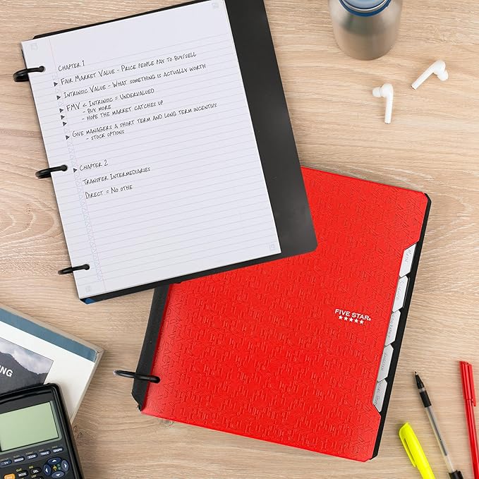 Five Star Flex Refillable Notebook + Study App, College Ruled Paper, 1-1/2 Inch TechLock Rings, Pockets, Tabs and Dividers, 300 Sheet Capacity, Red (29324AB2)