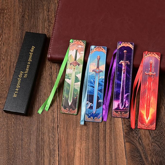 ZQZYMXQ 4Pcs Leather Sword Bookmarks for Men, Cool Fantasy Bookmarks Anime Bookmark, Gifts for Book Lovers Men (Sword)