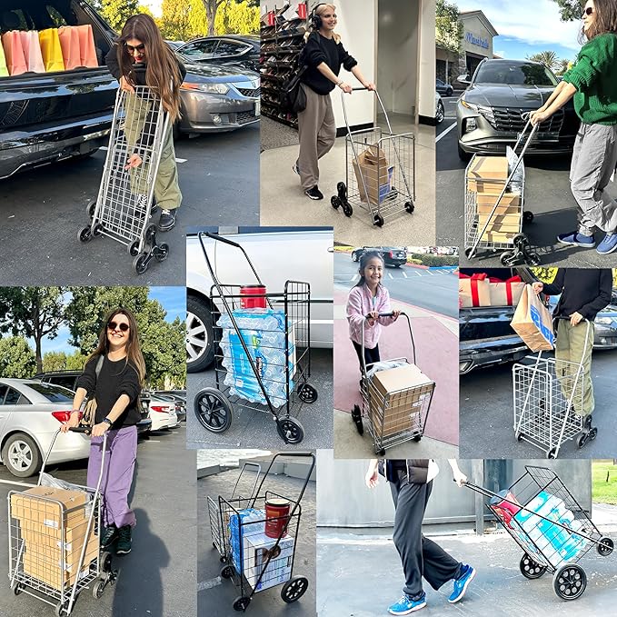 Wellmax 2-Pack Shopping Utility Cart with Stair Climber, Collapsible Folding Cart for Grocery, X-Large and Large (Black and Silver)