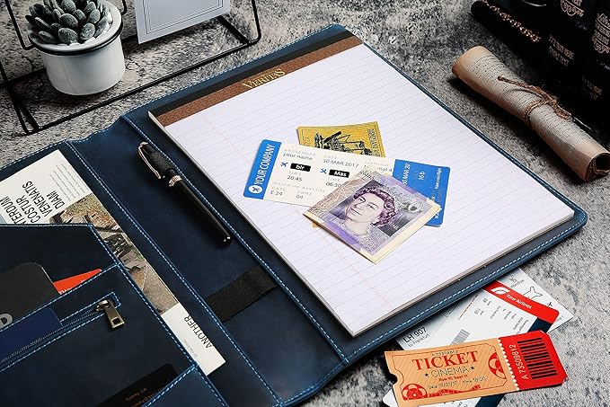 Personalized Leather Portfolio for Men, Engraved Leather Clipboard Portfolio Binder, Custom Leather Resume Padfolio for Women, Christmas Gift for His/Her (Notepad, Blue-Custom)