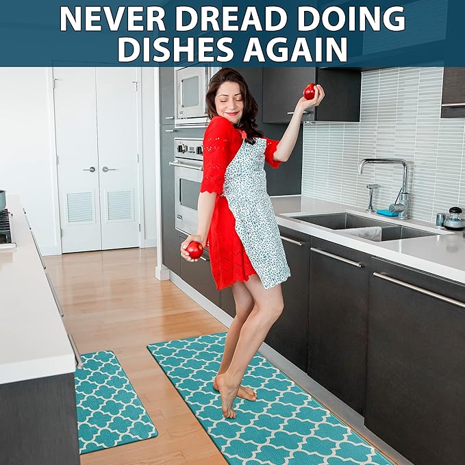 ComfiLife Kitchen Mats for Floor (2 PCs) – Cushioned Anti Fatigue Kitchen Rug for Comfortable Standing – Waterproof, Easy Clean, Non-Slip, Thick Kitchen Mat Set for Home, Office, Sink, Laundry (Teal)