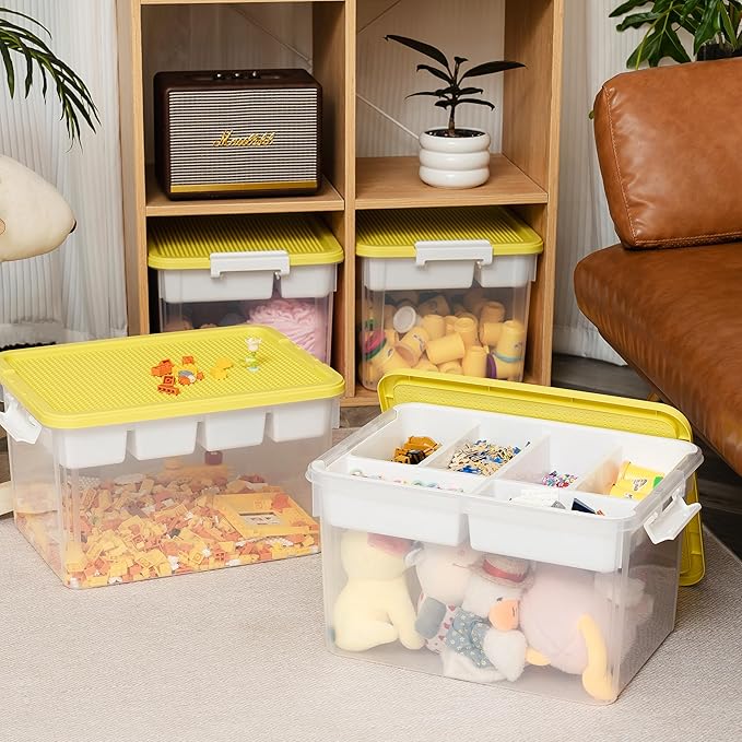 Citylife 32 QT Plastic Storage Box with Removable Tray Craft Organizers and Storage Clear Storage Container for Organizing Bead, Tool, Sewing, Playdoh, 4 Packs-Yellow