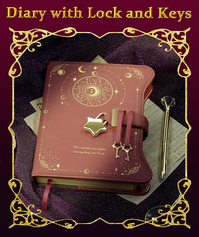 Diary with Lock and Keys for Girls Gift Ideas, 360 Kraft Pages Journal for Women, B6 Refillable Notebook for Writing with Pen and Bookmark (Astro Red)