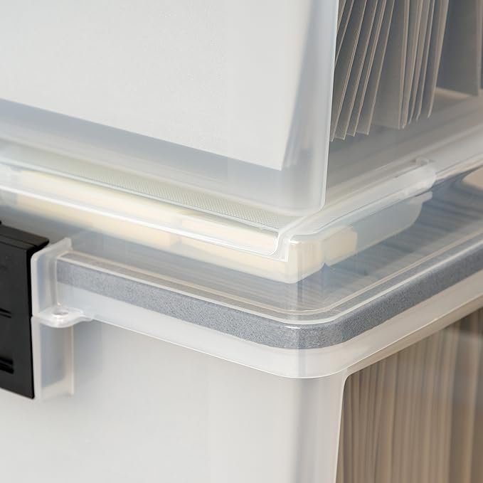 IRIS USA File Box WeatherPro Portable File Organizer Plastic File Box for Letter File w/ Organizer-Lid, Durable Lid and Gasket Seal, Secure Latching Buckles, Stackable, Lockable, Clear 19 Qt. 4 Pack