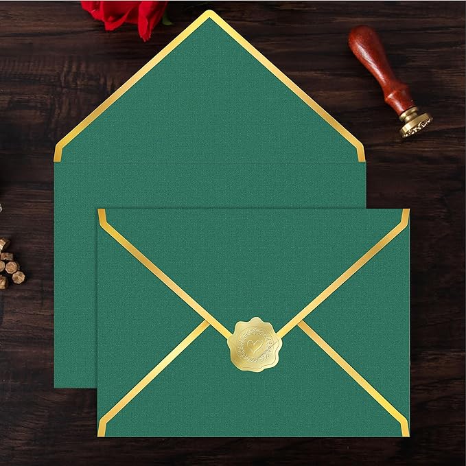 60 Pack Gold Envelopes 5x7 Bulk Green, 250G Pearled Cardstock A7 Envelopes for Invitations Business Mailing Envelope with Gold Foil Border, A6 4x6 Envelopes for Wedding Baby Shower Cards