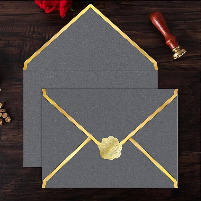 60 Pack Gold Envelopes 5x7 Silver Gray, 250G Pearled Cardstock A7 Envelopes for Invitations Business Mailing Envelope with Gold Foil Border, A6 4x6 Envelopes for Wedding Baby Shower Cards