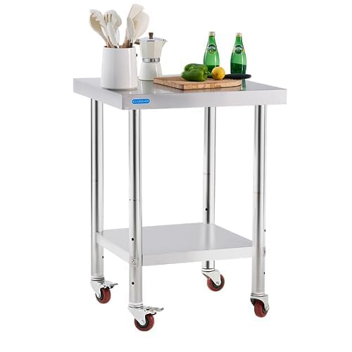 Stainless Steel Table for Prep & Work with Undershelf 24 x 24 Inches NSF Metal Commercial Kitchen Prep Table with Adjustable Under Shelf Worktable for Restaurant Home Outdoor