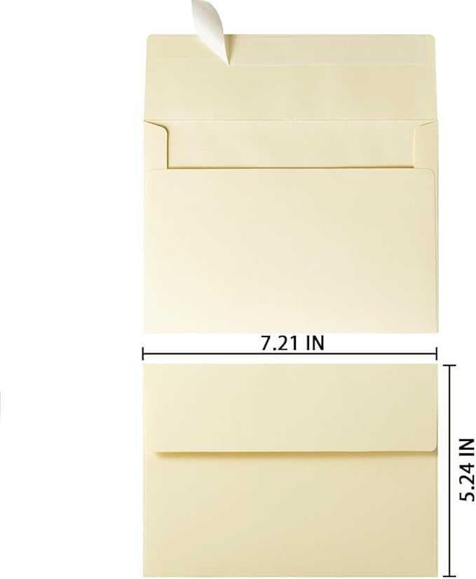 Wishop 100 Pack Cream A7 Envelopes Self-Adhesive 5x7 Envelopes for Invitations, 5x7 Greeting Cards (Cream, 5.24 x 7.21 Inches)