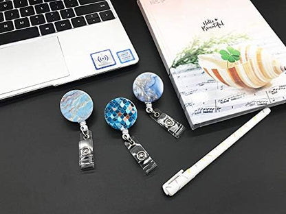 Retractable ID Badge Holder Nurse Badge Reels with Clip Name Card Holders for Office Worker Doctor Nurse (Marble Blue 3-3)