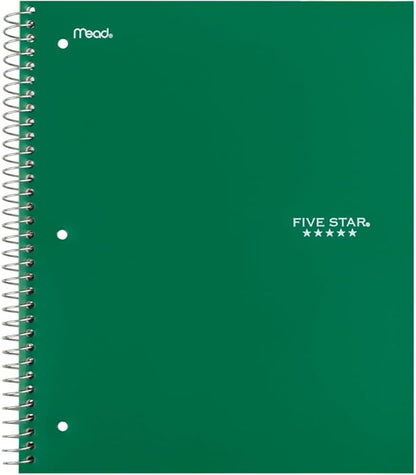 Five Star Spiral Notebook + Study App, 5 Subject, Wide Ruled Paper, Fights Ink Bleed, Water Resistant Cover, 8" x 10-1/2", 200 Sheets, Forest Green (73441)