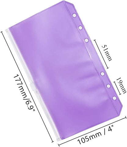 Purple PVC Binder Pockets 12pcs A6 Binders Zipper Pouch Bag Loose Leaf 6 Holes PVC Zip Organizer Folder for Journal Budget Filing Pocket Bags