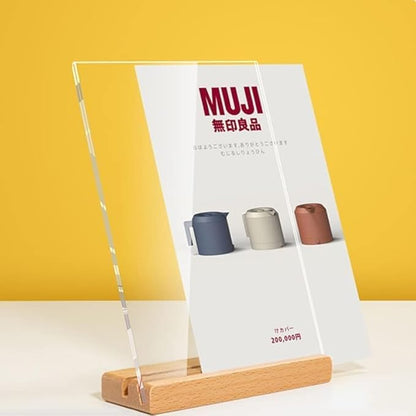 Acrylic Sign Holder A4/A5/A6 Menu Displays Double Sided, Wood Base Table Top Sign Stand (Vertical A4 210×297mm/8.27×11.69 inches
