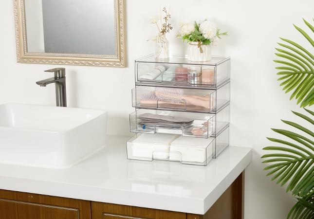 Vtopmart 12.1''W Clear Stackable Storage Drawers,4 Pack Acrylic Plastic Organizers Bins for Makeup Palettes, Cosmetics, and Beauty Supplies,Ideal for Vanity, Bathroom,Cabinet,Desk Organization