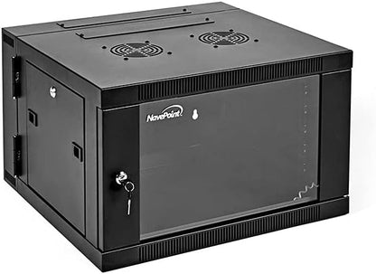 NavePoint 6U Server Cabinet with Hinged Back - 25.5” Deep, 6U Server Rack Enclosure with Locking Glass Door, Wall Mount Rack with Removable Side Panels, 6U Network Cabinet with 2 Fans, Pre-Assembled