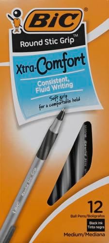 BIC Round Stic Grip Xtra-Comfort Medium Ball Point Pen, Black, 24 Pack