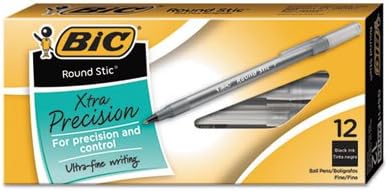 BIC Round Stic Xtra Precision Ballpoint Pen, Fine Point (0.8mm), Black, 12-Count