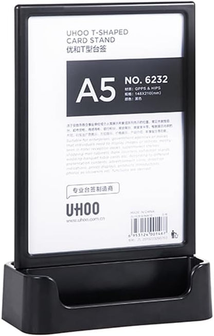 ABS Plastic Sign Holder, Menu Displays T Shape Sign Stand with Business Card Holder, Plastic Display Stand for Ads, Menu, Photos, Business Card (Black A5 148×210mm/5.83×8.27 inches)