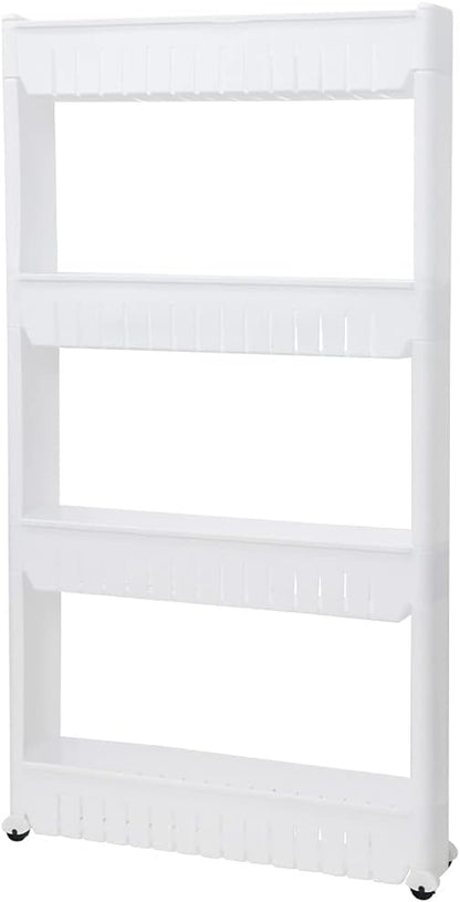 Slim Rolling Storage Cart 4 Tier, Small Plastic Kitchen Laundry Room Cart, Mobile Storage Organizer Shelves, Utility Cart Tower Rack for Bathroom Bedroom (White)