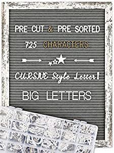Felt Letter Board 12x16 Inch Rustic Wood Frame - Pre Cut & Sorted 725 Letters with Stand, Cursive Style Letters, Big Letters, Plastic Organizer, Shabby Chic Vintage Decor
