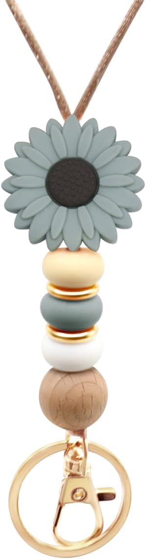 Flower Teacher Lanyards ID Badge and Key Chain, Cute Silicone Beads Lanyard for Women Nurse Work Student (Green)