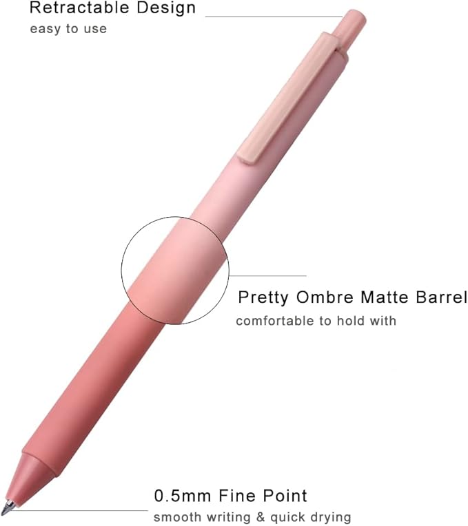 Retractable Gel Pens,8ct Black Ink 0.5mm Fine Point Pens Comfort Grip Smooth Writing Pens with Aesthetic Gradient Color Barrel for Journaling Note Taking Office School Supplies