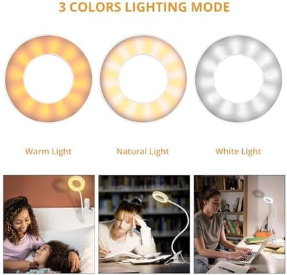 Desk Clip on Lamp for Reading Home Office, with 5V 2A Adapter, 10 Dimmable Brightness 3 Modes, Clamp Reading Light for Bed Headboard, Craft (White)…