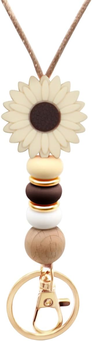 Flower Teacher Lanyards ID Badge and Key Chain, Cute Silicone Beads Lanyard for Women Nurse Work Student (Mocha)