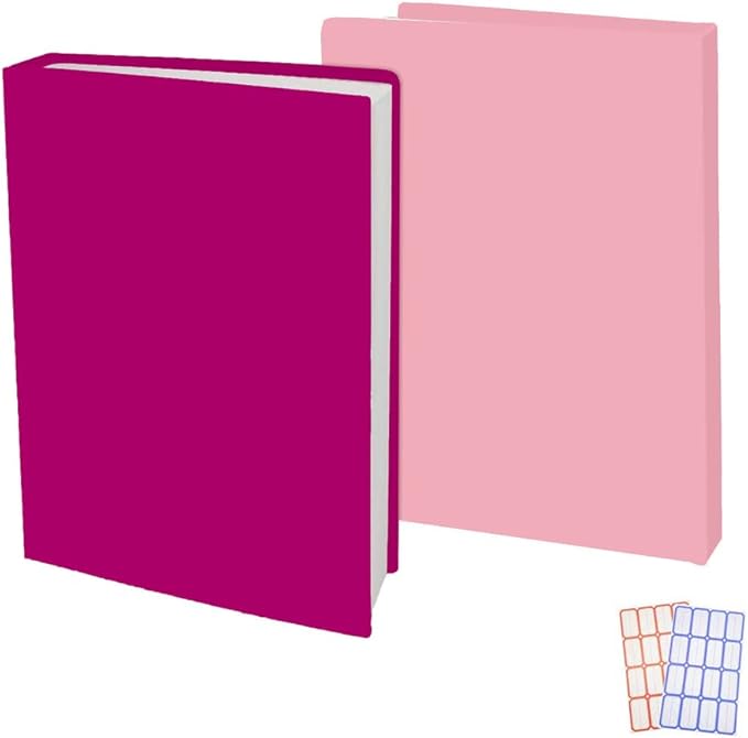 2 Pack Stretchable Book Sleeve Covers, for Paperbacks Hardcover Textbooks up to 9" x 12", Office Supplies with Free Sticker Labels (Rose Red + Pink)