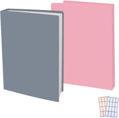2 Pack Stretchable Book Sleeve Covers, for Paperbacks Hardcover Textbooks up to 9" x 12", Office Supplies with Free Sticker Labels (Grey + Pink)