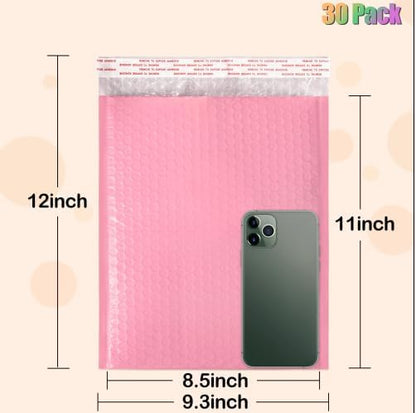 8.5 x 12 Inch Pink Bubble Mailers 30 Pack, Self-Seal Poly Padded Envelope, Waterproof Shipping Bags for Small Business