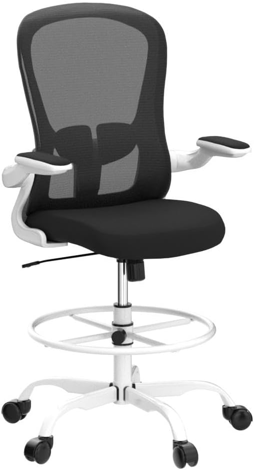 Drafting Chair, Tall Office Chair with Flip-up Armrests Executive Ergonomic Computer Standing Desk Chair, Office Drafting Chair with Lumbar Support and Adjustable Footrest Ring