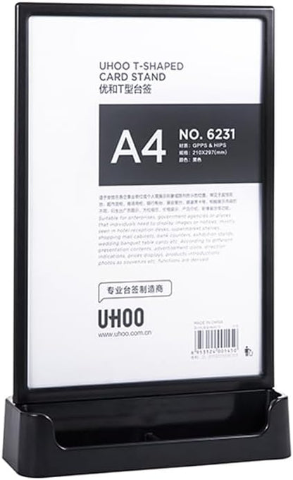 ABS Plastic Sign Holder, Menu Displays T Shape Sign Stand with Business Card Holder, Plastic Display Stand for Ads, Menu, Photos, Business Card (Black A4 210×297mm/8.27×11.69 inches)