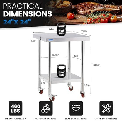 Stainless Steel Table for Prep & Work with Undershelf 24 x 24 Inches NSF Metal Commercial Kitchen Prep Table with Adjustable Under Shelf Worktable for Restaurant Home Outdoor