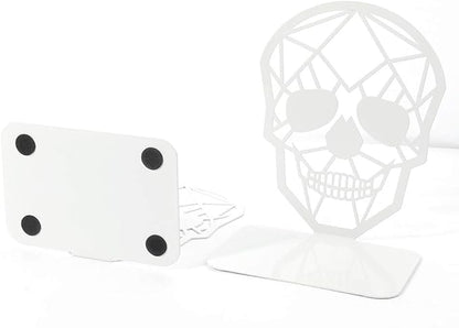 Metal Skull Design White Bookend - Heavy-Duty Bookends for Shelves, Skull Book Ends for Heavy Books, Book Shelf Holder Home Office Decorative Desktop Organizer (1 Pair-White)