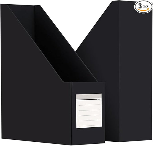 Magazine File Holder( 3Pack,Black) Paperboard Book Organizer- Desk Magazine File Organizer for Home, Office, Classroom-Storage Box for Dounments with Label Stickers.