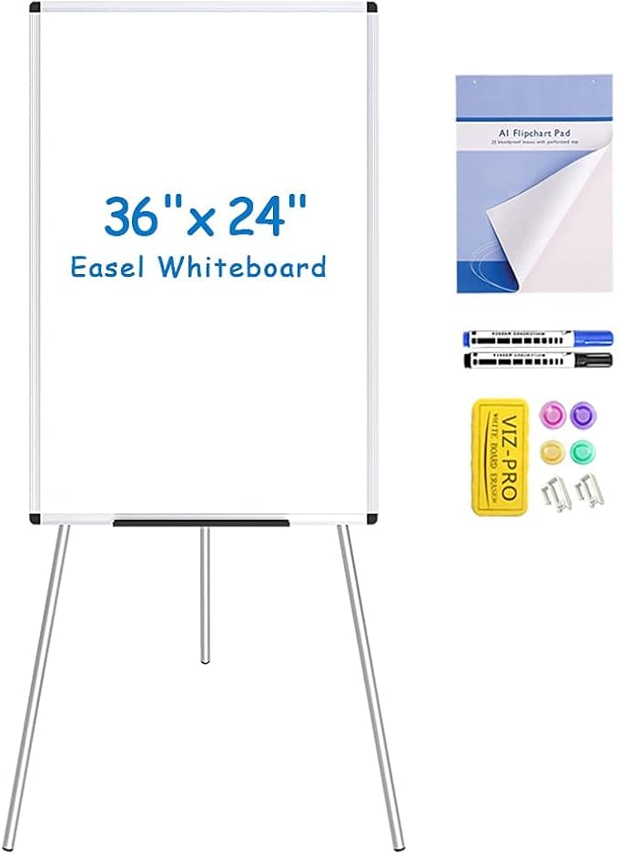 VIZ-PRO Whiteboard Easel, 36 x 24 Inches, Portable Dry Erase Board Height Adjustable With Flipchart Pad