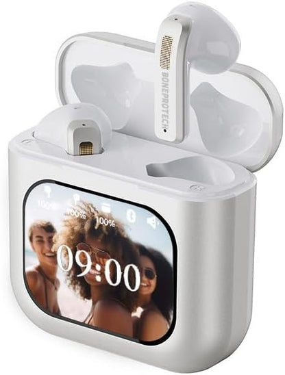Bluetooth Smart Touch Earbuds, Customizable Screen Saver, MP3 Player, Control Social Media, Calls and messeges, ENC Noise Reduction, Built-in mic, Advanced V5.3 Technologies (White)