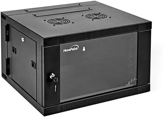 NavePoint 6U Server Cabinet with Hinged Back - 17.7” Deep, 6U Server Rack Enclosure with Locking Glass Door, Wall Mount Rack with Removable Side Panels, 6U Network Cabinet with 2 Fans, Pre-Assembled