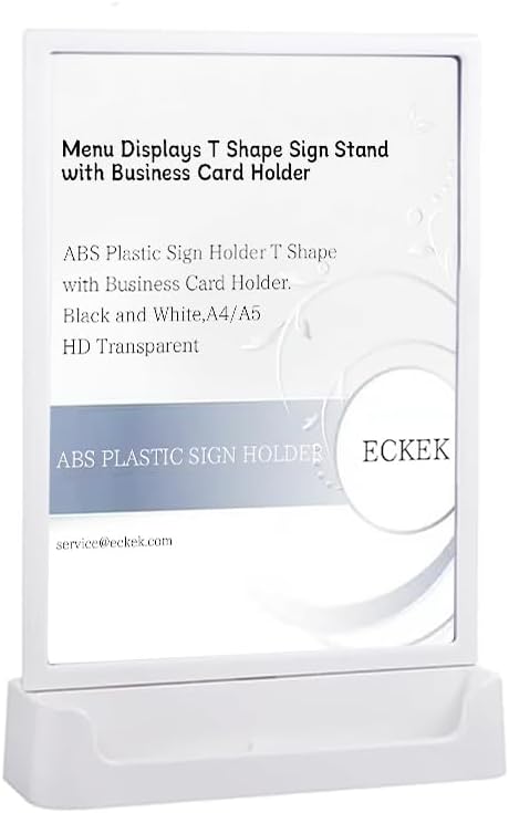 ABS Plastic Sign Holder, Menu Displays T Shape Sign Stand with Business Card Holder, Plastic Display Stand for Ads, Menu, Photos, Business Card (White A5 148×210mm//5.83×8.27 inches)