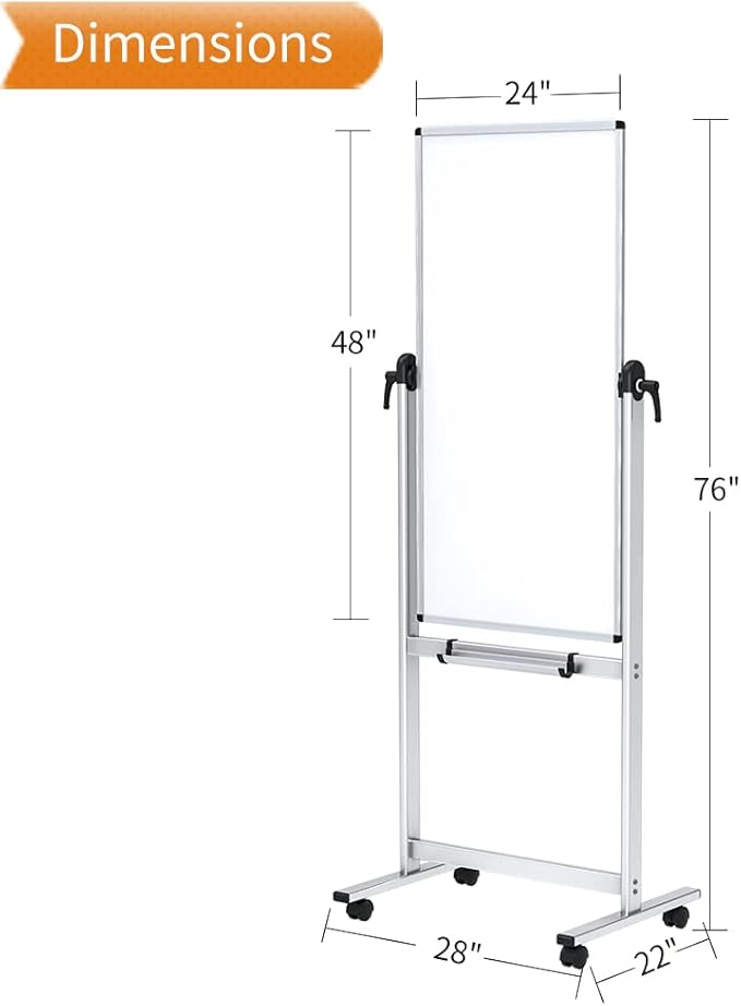 VIZ-PRO Double-sided Magnetic Mobile Whiteboard,48 x 24 Inches, Portrait Orientation,Aluminium Frame and Stand