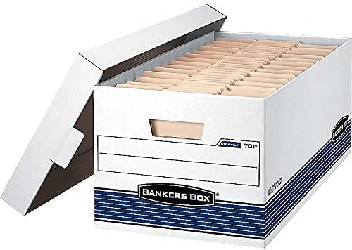 Bankers Box 4 Pack STOR/File Medium-Duty File Storage Boxes, FastFold, String and Button, Legal, White/Blue