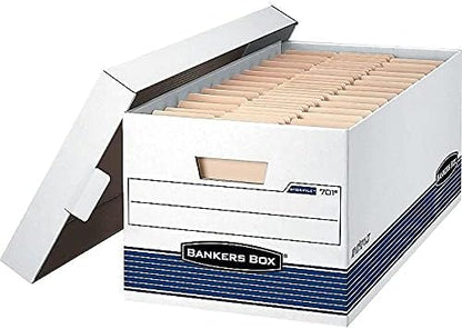 Bankers Box 4 Pack STOR/File Medium-Duty File Storage Boxes, FastFold, String and Button, Legal, White/Blue