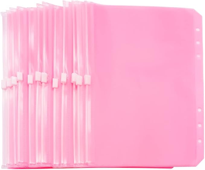 Pink PVC Binder Pockets 12pcs A5 Binders Zipper Pouch Bag Loose Leaf 6 Holes PVC Zip Organizer Folder for Journal Budget Filing Pocket Bags