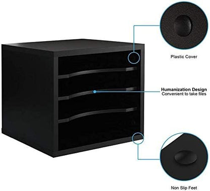 FITUEYES Wood Desk Paper Organizer with 4 Tiers Storage, Desktop File Holder, Document Letter Sorter Tray with Adjustable Shelves, Home Office Wooden Mail Rack, Black