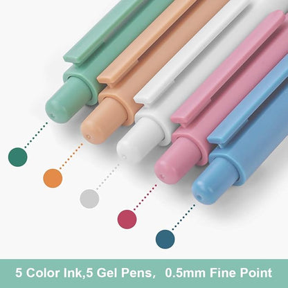 AUAUY Colored Retractable Gel Pens, 5PCS Cute Retractable Quick Dry Gel Ink Pen, Cute Pens 0.5mm Medium Point Quick Drying for Writing Drawing Journaling Note Taking School Office Home