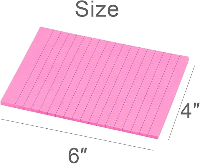 Vanpad Lined Sticky Notes 4X6 in Rose Red Ruled Stickies Super Sticking Power Memo Pads Strong Adhesive, 6 Pads/Pack, 45 Sheets/pad